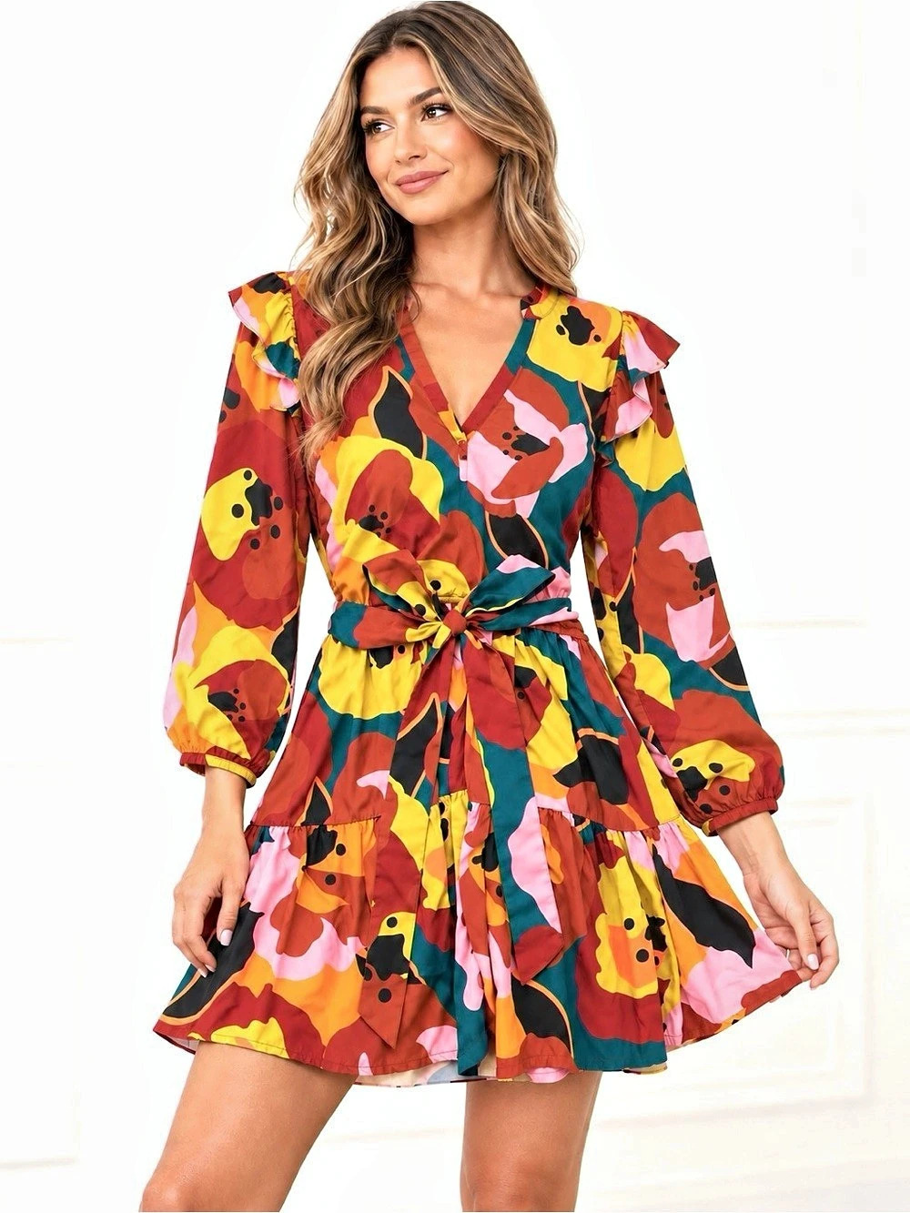 Marine Layer Elise Mini Dress Exploded Floral Tencel Ruffle Tie Waist XS